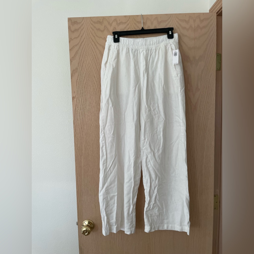 *Nwt White High-Waisted Linen-Blend Wide-Leg Pants For Women (S)